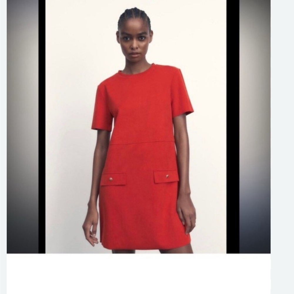 Zara Red Faux Suede Shift Dress Women’s Medium Pocket Mini Dress